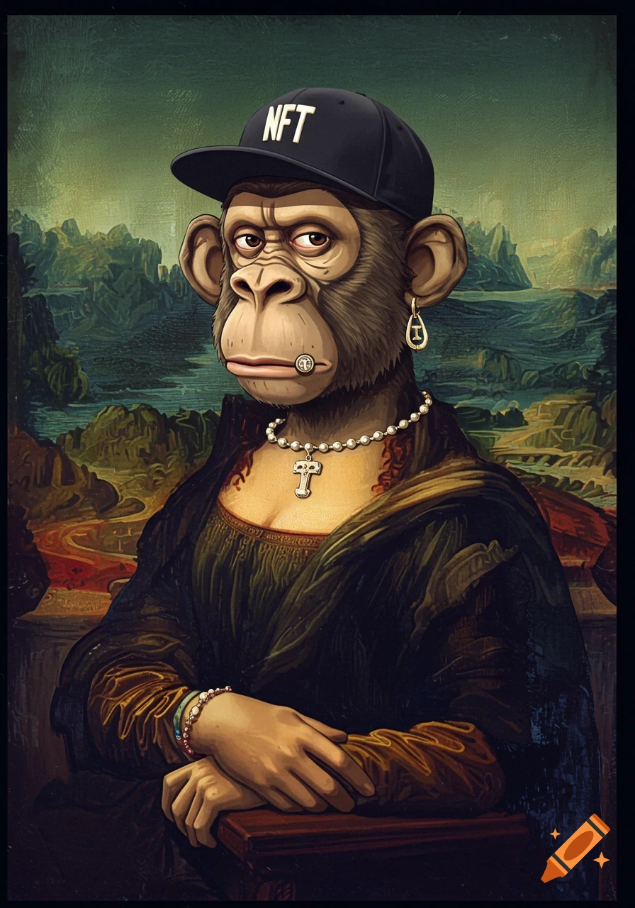 A Bored Ape version of Mona Lisa wears an 'NFT' cap, pearl necklace, and earring, rendered in a detailed digital art style.