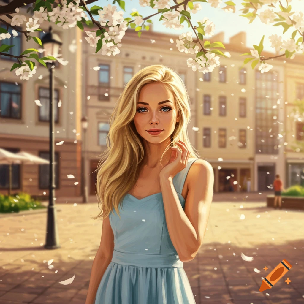 Young blonde woman in a blue dress stands on a sunny cobblestone street. White cherry blossoms fall around her in an urban setting.