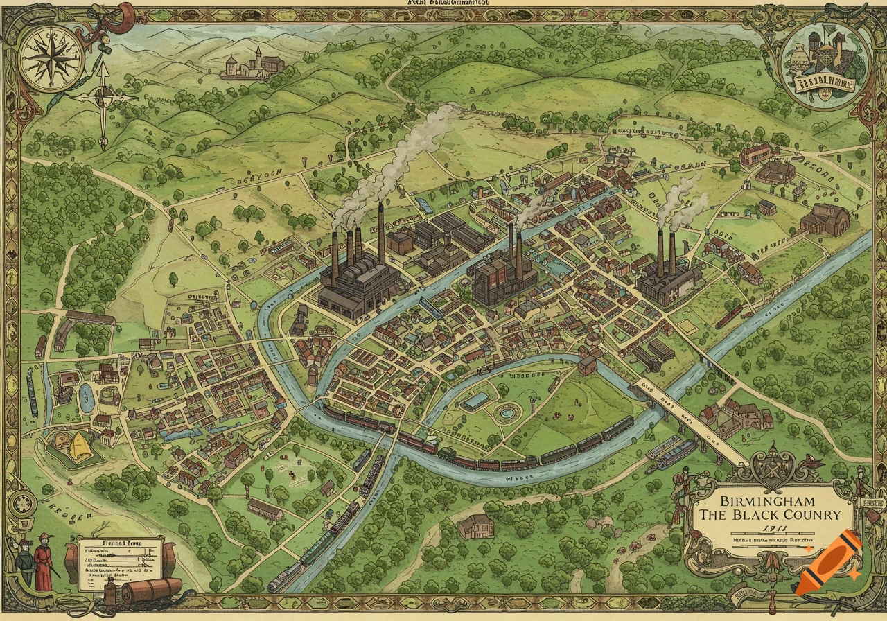 An intricate fantasy map illustrating Birmingham and The Black Country in 1911, showing industries, canals, railways, and parks in a detailed, old-world style.