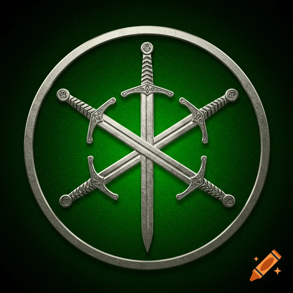 A silver sigil featuring four ornate swords arranged in a star pattern within a circle, set against a dark green textured background.