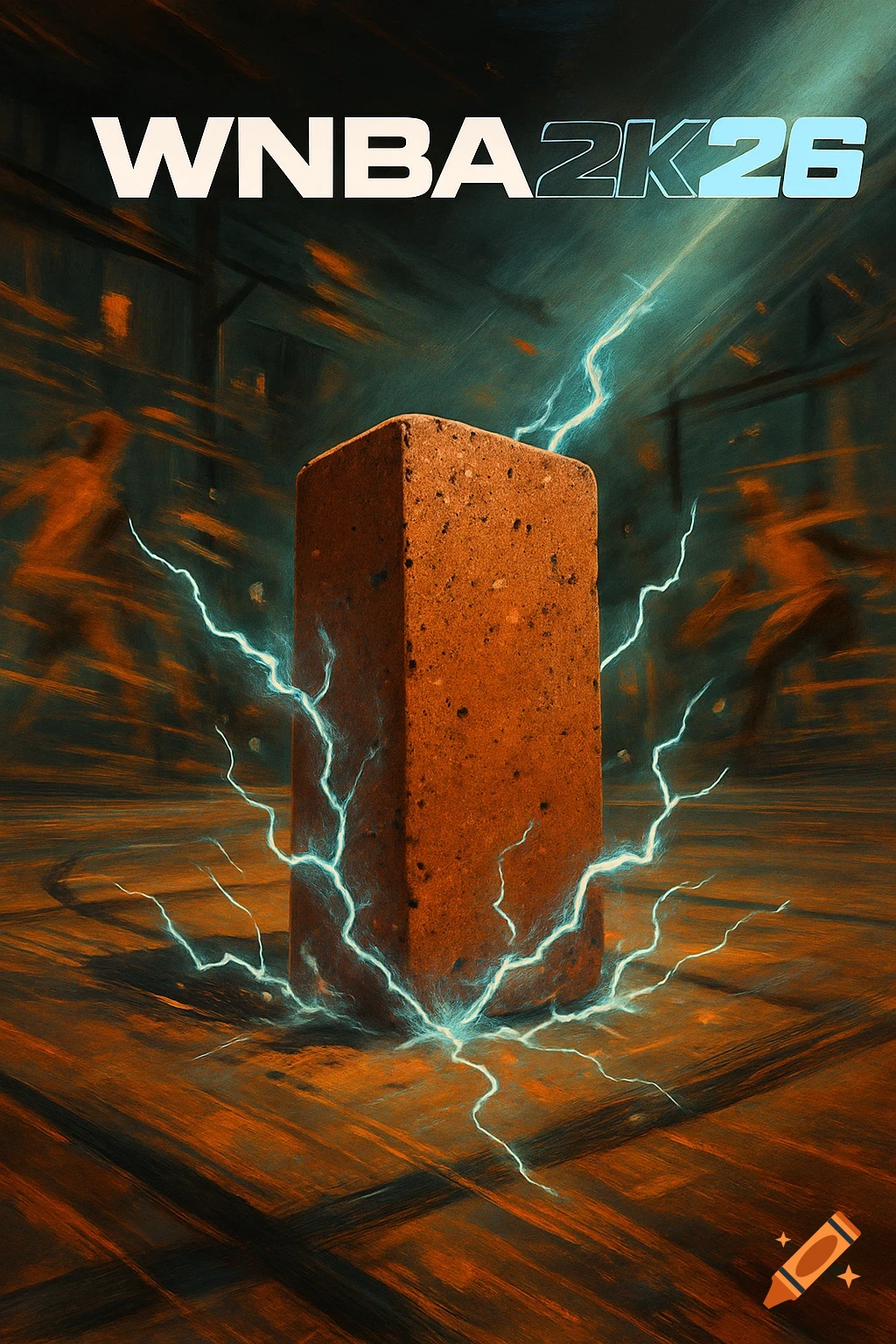 A stylized WNBA 2K26 game cover featuring a brick surrounded by blue lightning on a dark court with blurred figures.