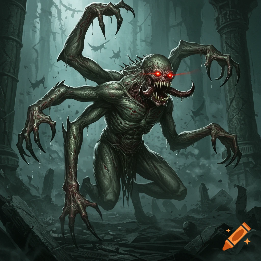 A terrifying, green-skinned, multi-limbed monster with glowing red eyes and fangs, standing in dark ruins.