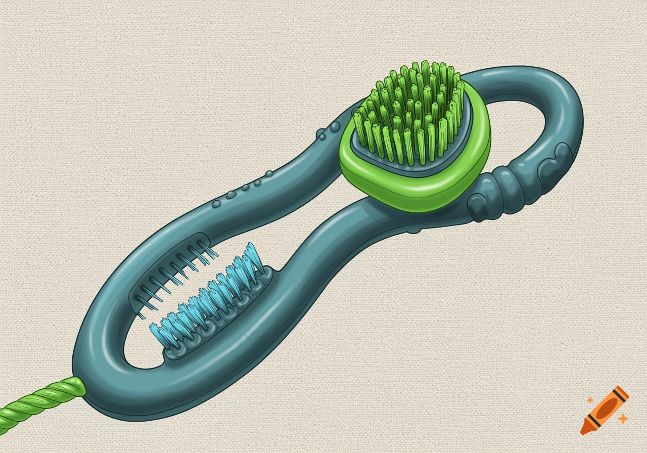 An illustrated S-shaped dog toothbrush toy in blue and green with bristles and rubber nubs.