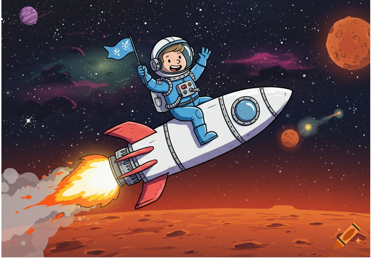 A happy cartoon astronaut rides a white rocket like a horse through space towards Mars, holding a blue flag.