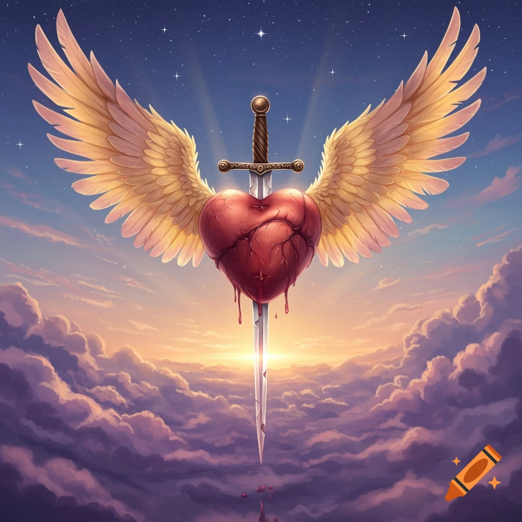 A winged heart pierced by a sword, floating amidst clouds in a dramatic sunset sky with stars.