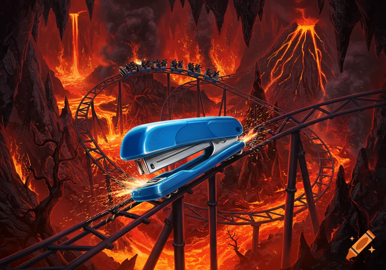 A blue stapler rides a roller coaster through a fiery underworld with volcanoes and lava.