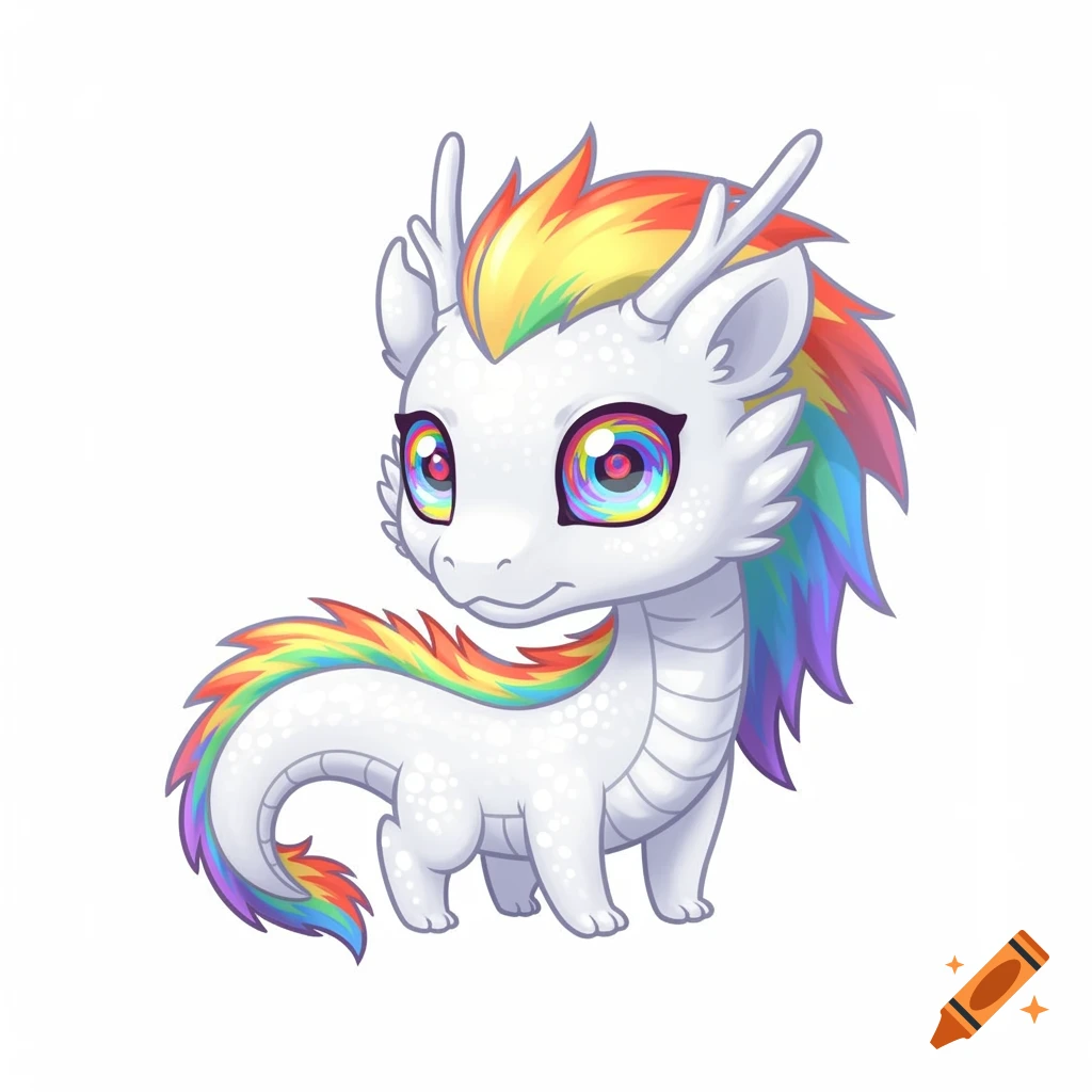 Cute white cartoon dragon with rainbow mane, tail, and eyes on a white background.