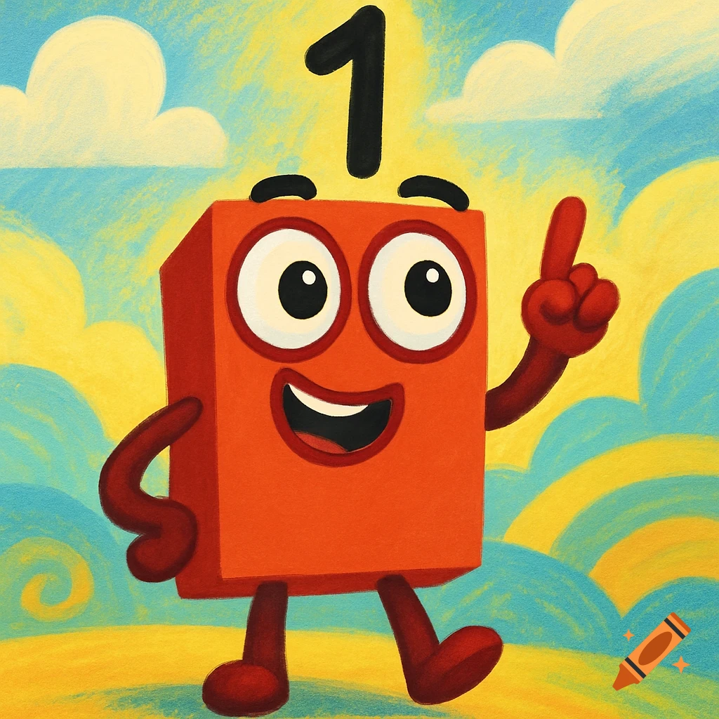 A cheerful red rectangular cartoon character, Numberblock One, with a large black '1' above its head, pointing one finger up against a sunny sky.