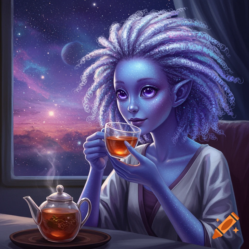 A blue-skinned alien woman with curly purple hair sips tea by a window overlooking a vibrant, star-filled cosmic sky.