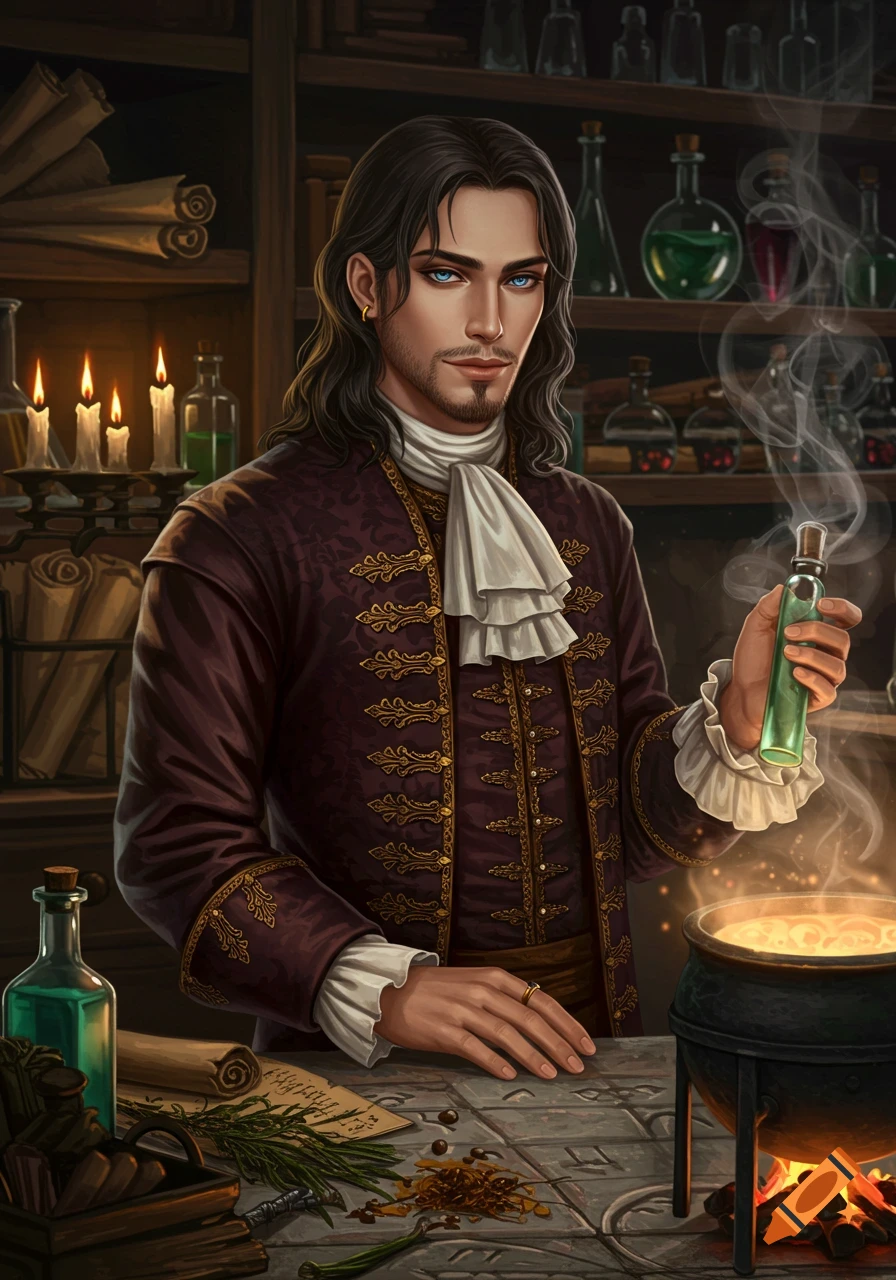 A man in a 1700s royal court outfit holding a green potion bottle in a dimly lit alchemy workshop with bubbling cauldrons and bottles.