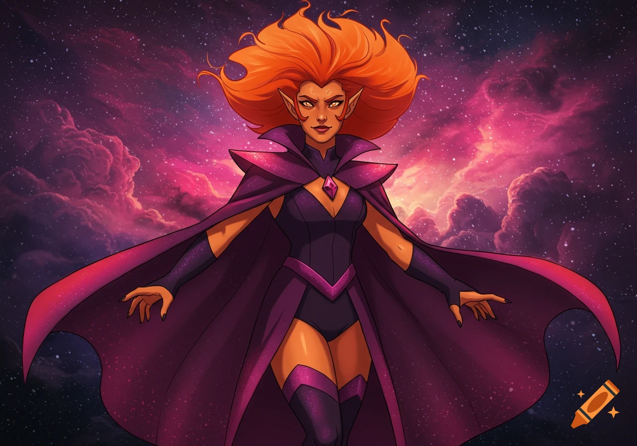 An orange-haired villainess in a purple bodysuit and cape stands against a vibrant cosmic background with pink and purple clouds, in a cartoon animation style.