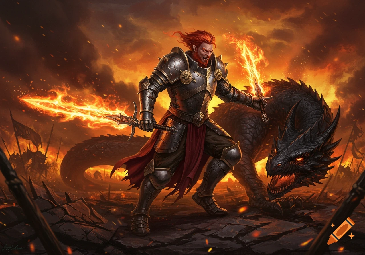 A redheaded warrior in armor wields two flaming swords while standing over a defeated black dragon in a fiery, smoke-filled battlefield.