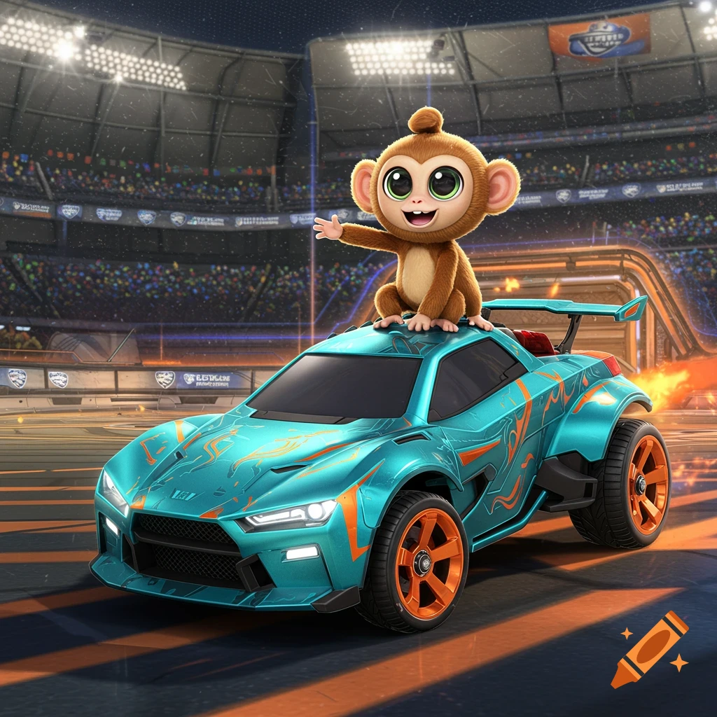 An adorable cartoon monkey with big green eyes waves from the roof of a turquoise and orange Rocket League Fennec car, in a vibrant stadium.