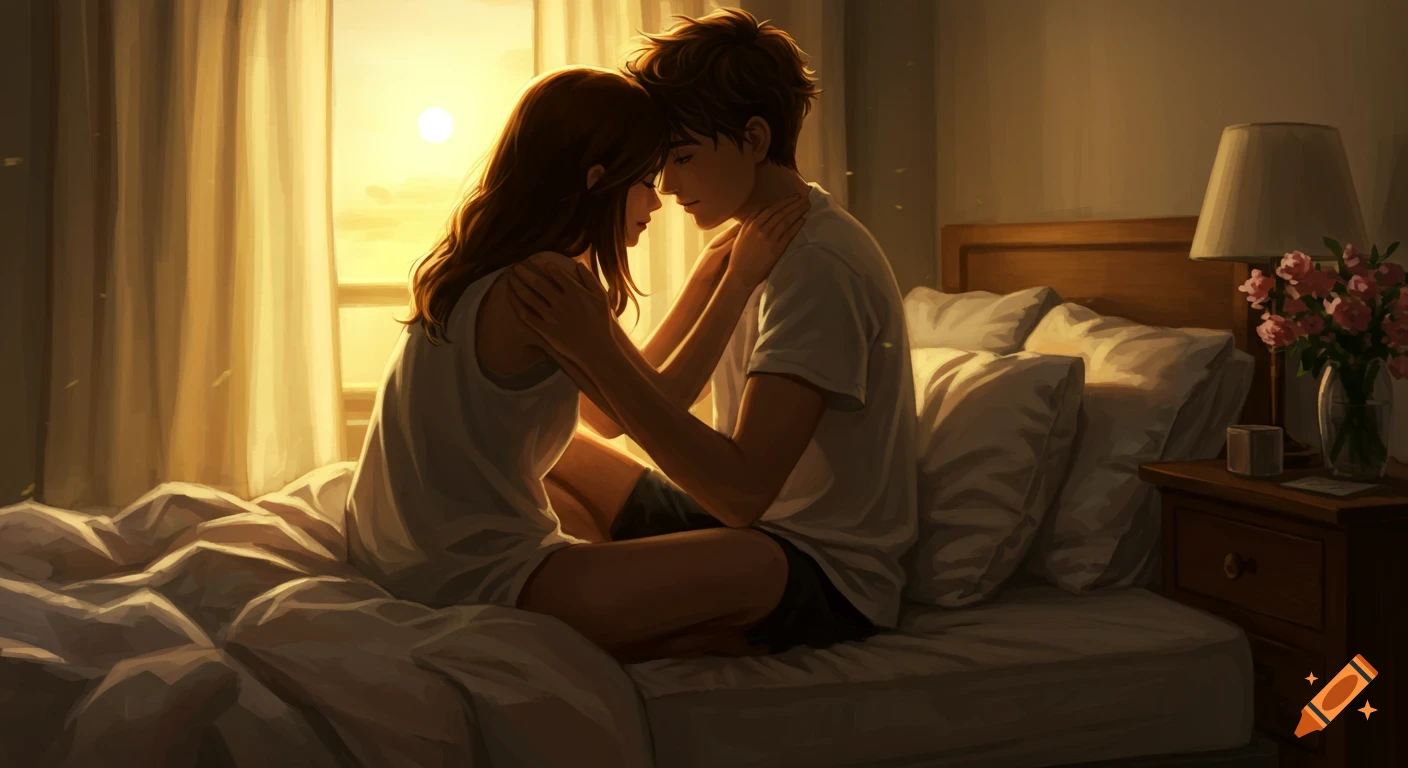 An anime-style illustration of a young couple embracing on a bed at sunrise.
