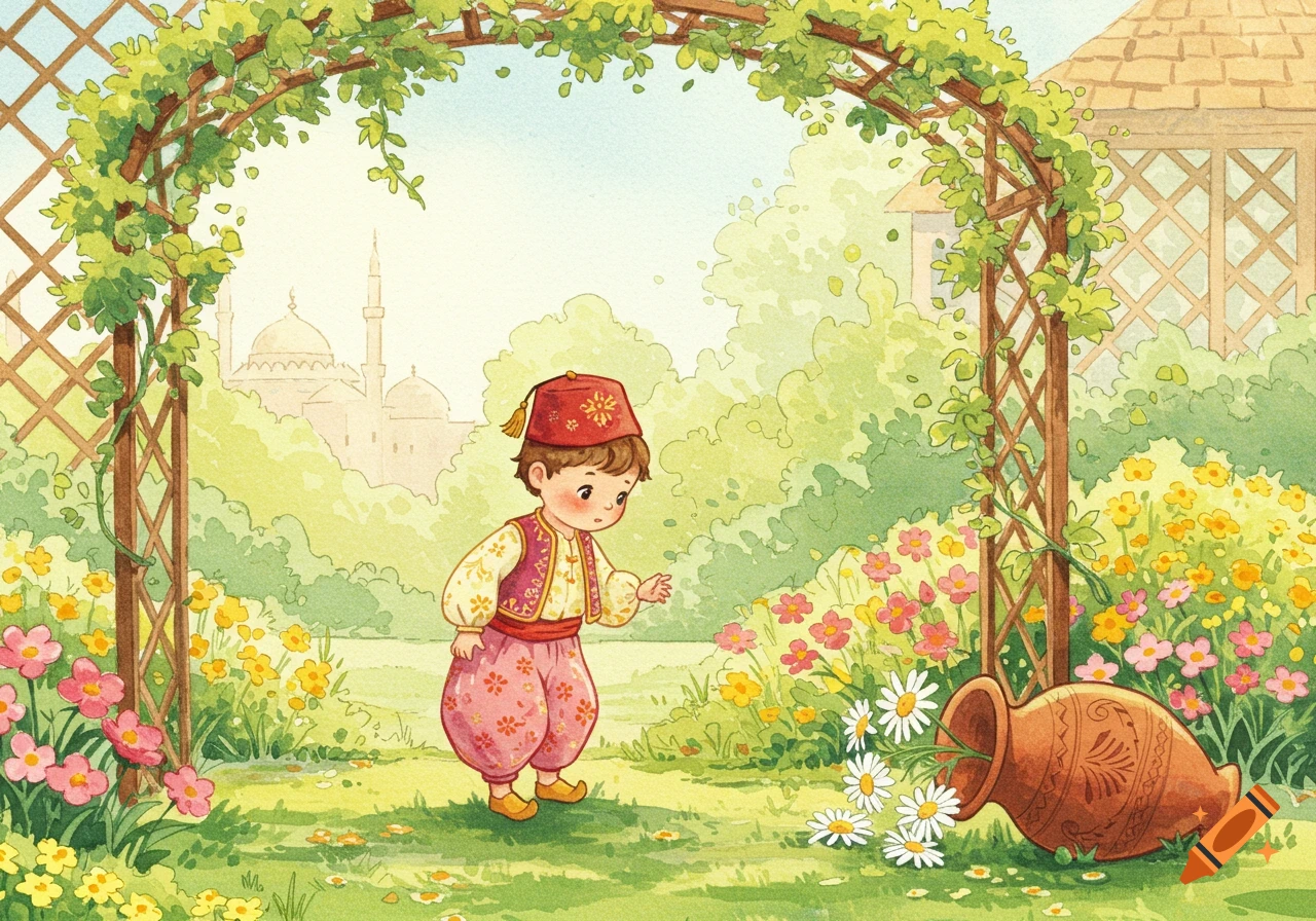 A watercolor illustration of a young boy in traditional Middle Eastern attire standing in a vibrant garden, looking at daisies spilling from a clay pot.