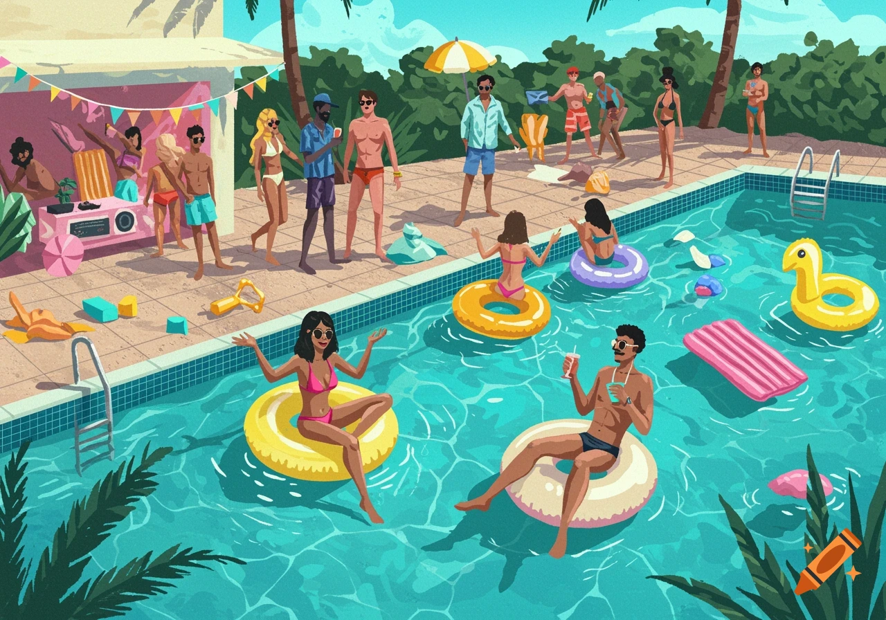 An illustration of a lively pool party with many people swimming, lounging, and socializing by a large pool on a sunny day.