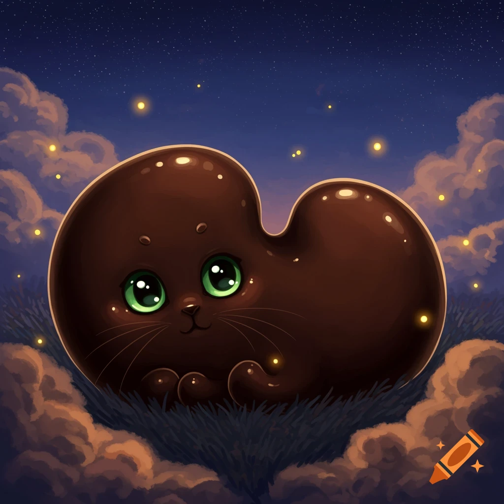 A cute, dark brown, kidney bean-shaped cat with large green eyes sits in grass under a starry night sky with glowing clouds.