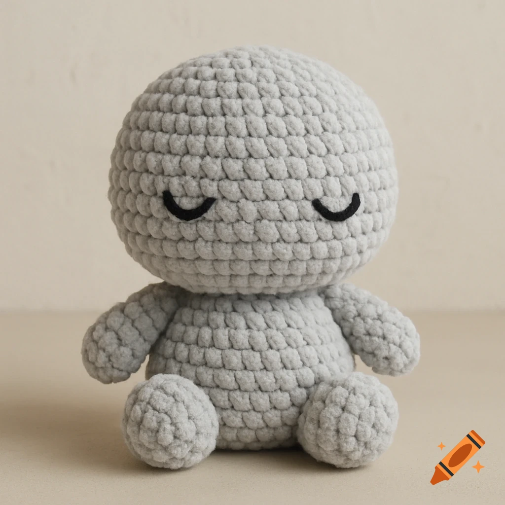A light gray crocheted doll with a spherical head, a small body, and closed black crescent-shaped eyes, sitting against a neutral background.