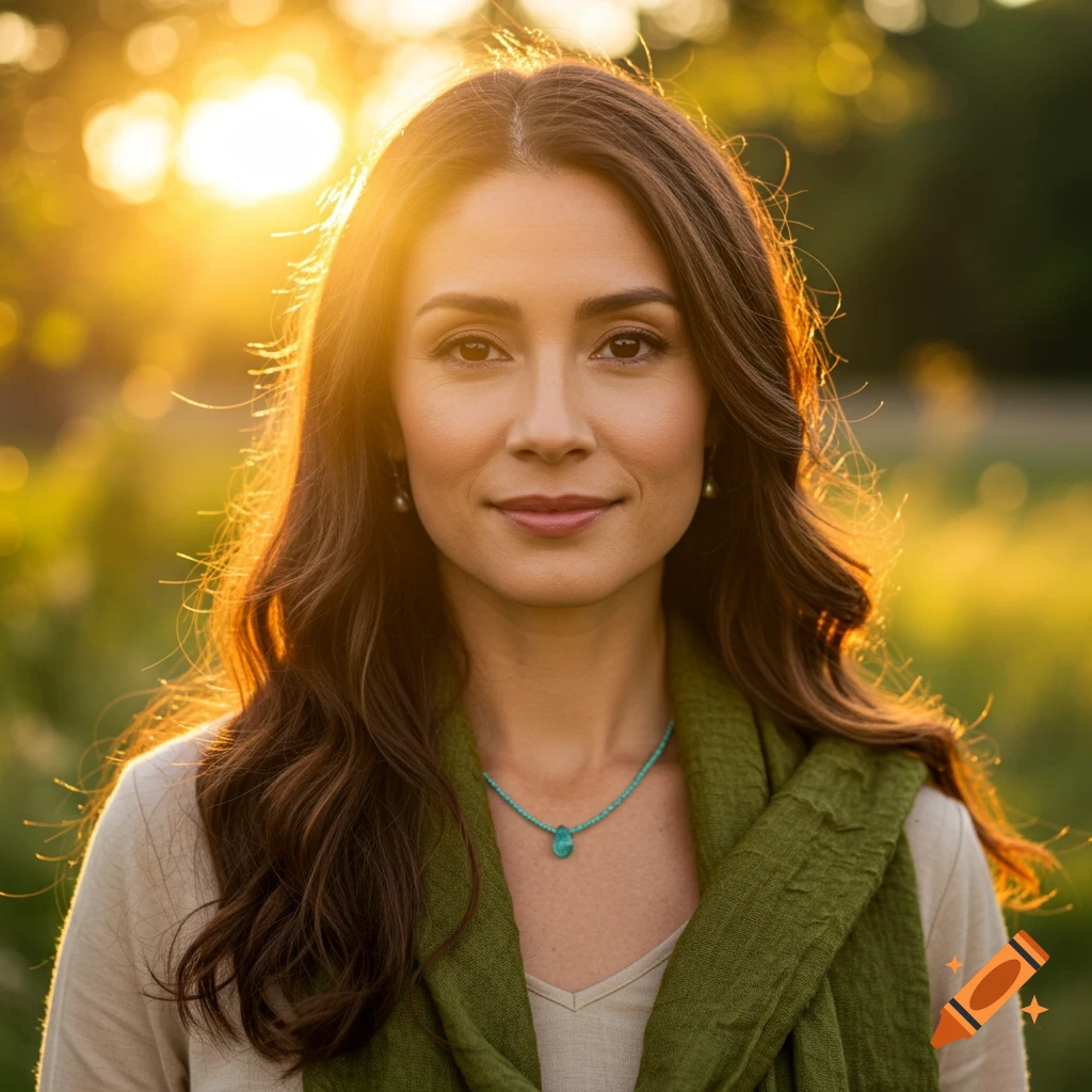 Photorealistic portrait of a gentle woman with long brown hair, wearing a green scarf and aquamarine necklace, backlit by golden sunset light in a natural setting.