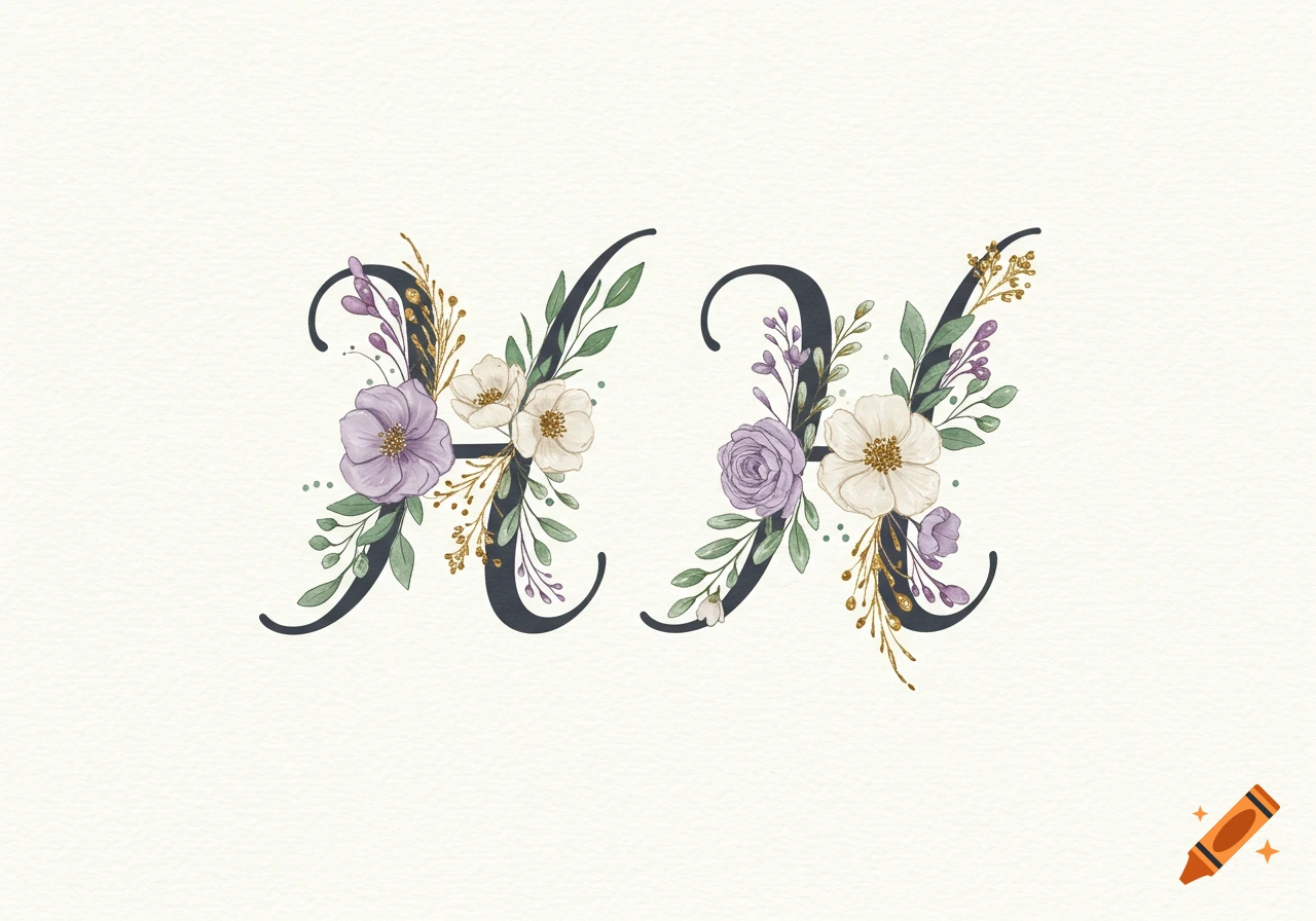 Two decorative hand-drawn 'H' letters in a cursive style, adorned with white and purple watercolor flowers and green foliage with gold accents on a light background.