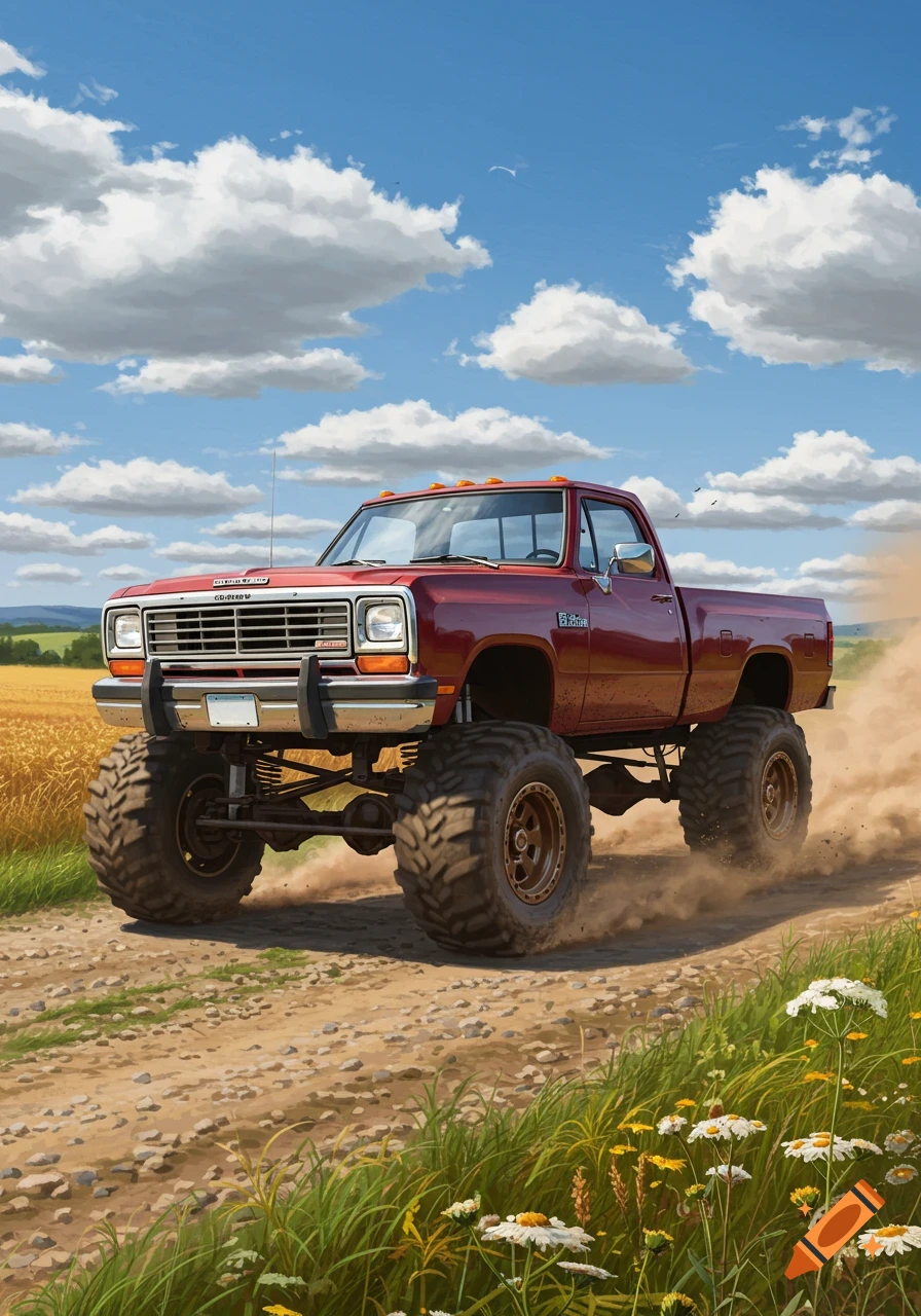 A lifted red 1986 Dodge Ram truck with large tires drives on a dirt country road, kicking up dust, under a blue sky with white clouds.