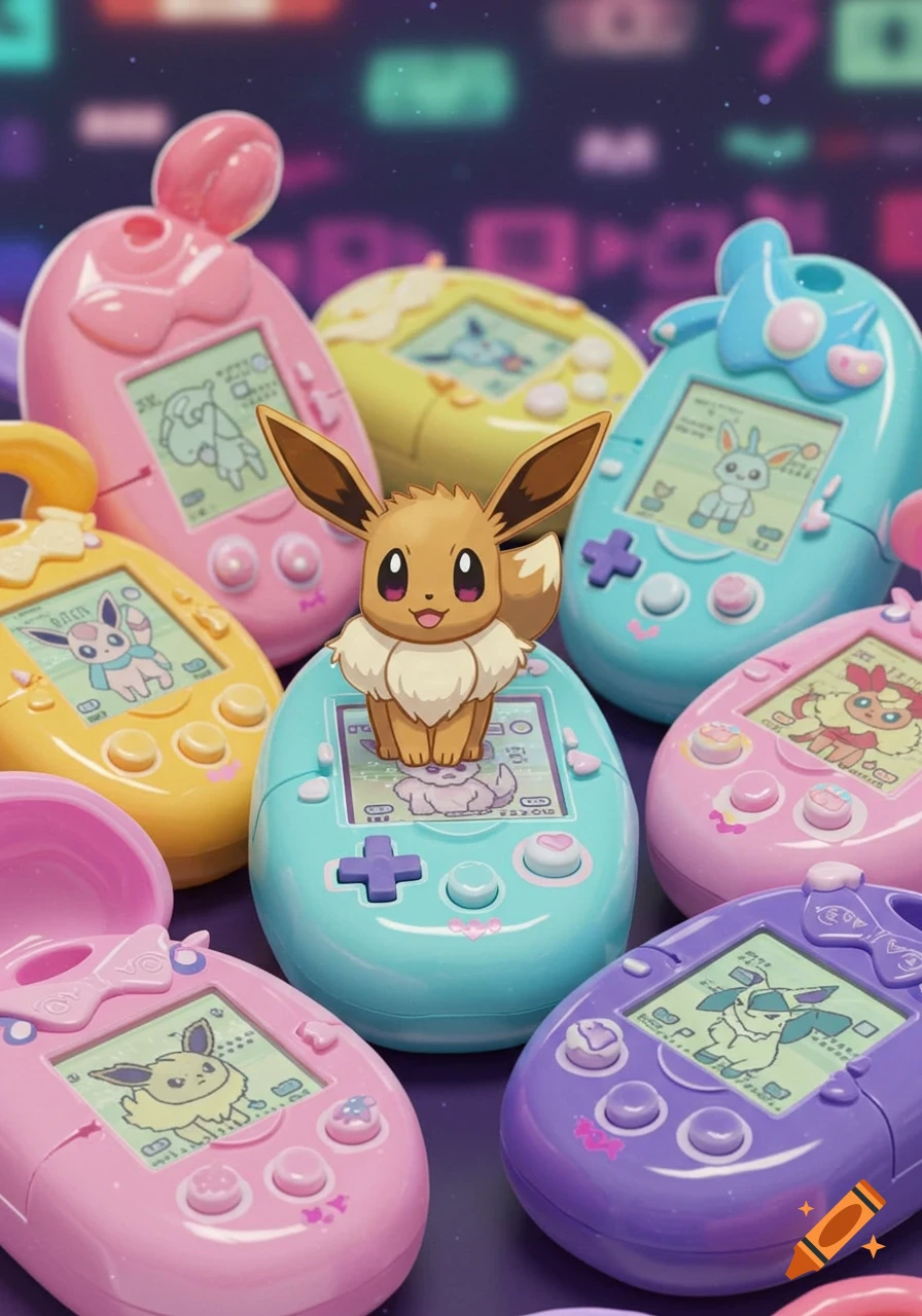 A cute Eevee character stands on a blue virtual pet device, surrounded by other colorful virtual pet devices displaying various Eevee evolutions.