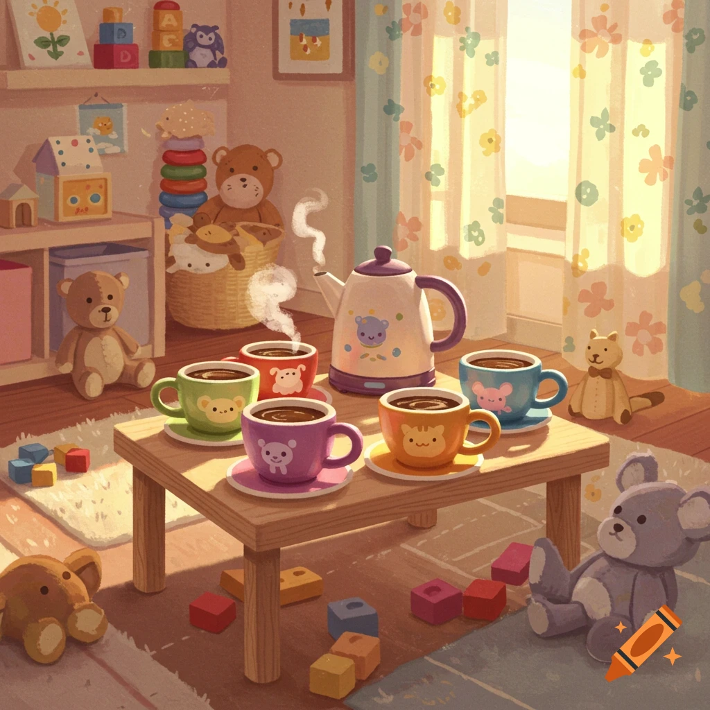 A charming illustration of a pretend play coffee cup playset, teddy bears, and colorful blocks in a sunlit child's room.