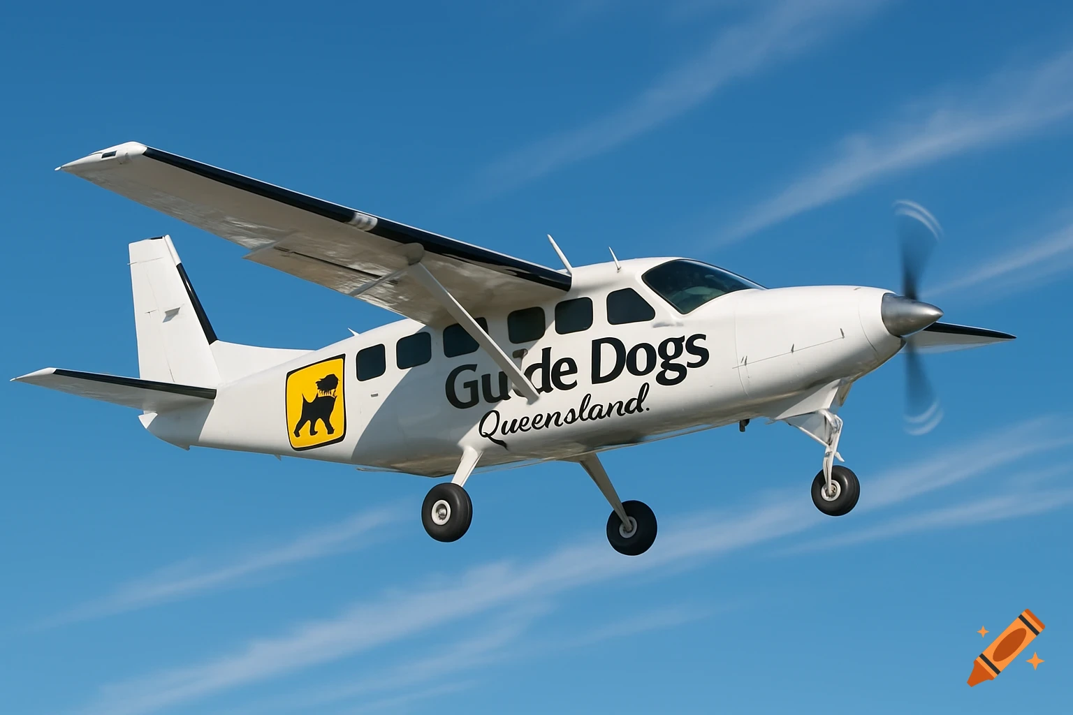 A white plane with "Guide Dogs Queensland" on its side flies against a clear blue sky.