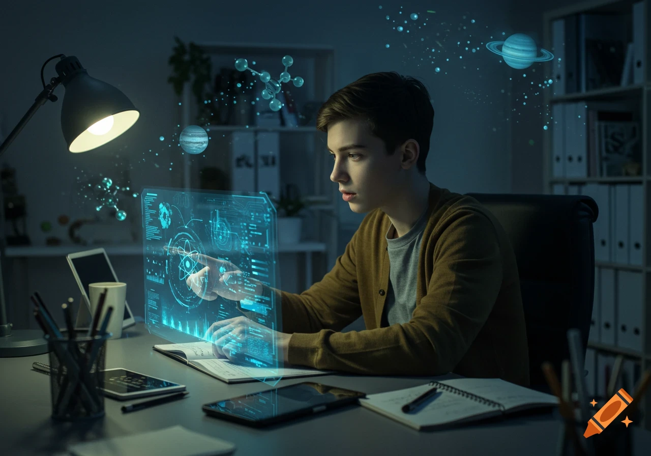 Young man interacts with glowing blue holographic display showing scientific diagrams, molecules, and planets in a dim room.