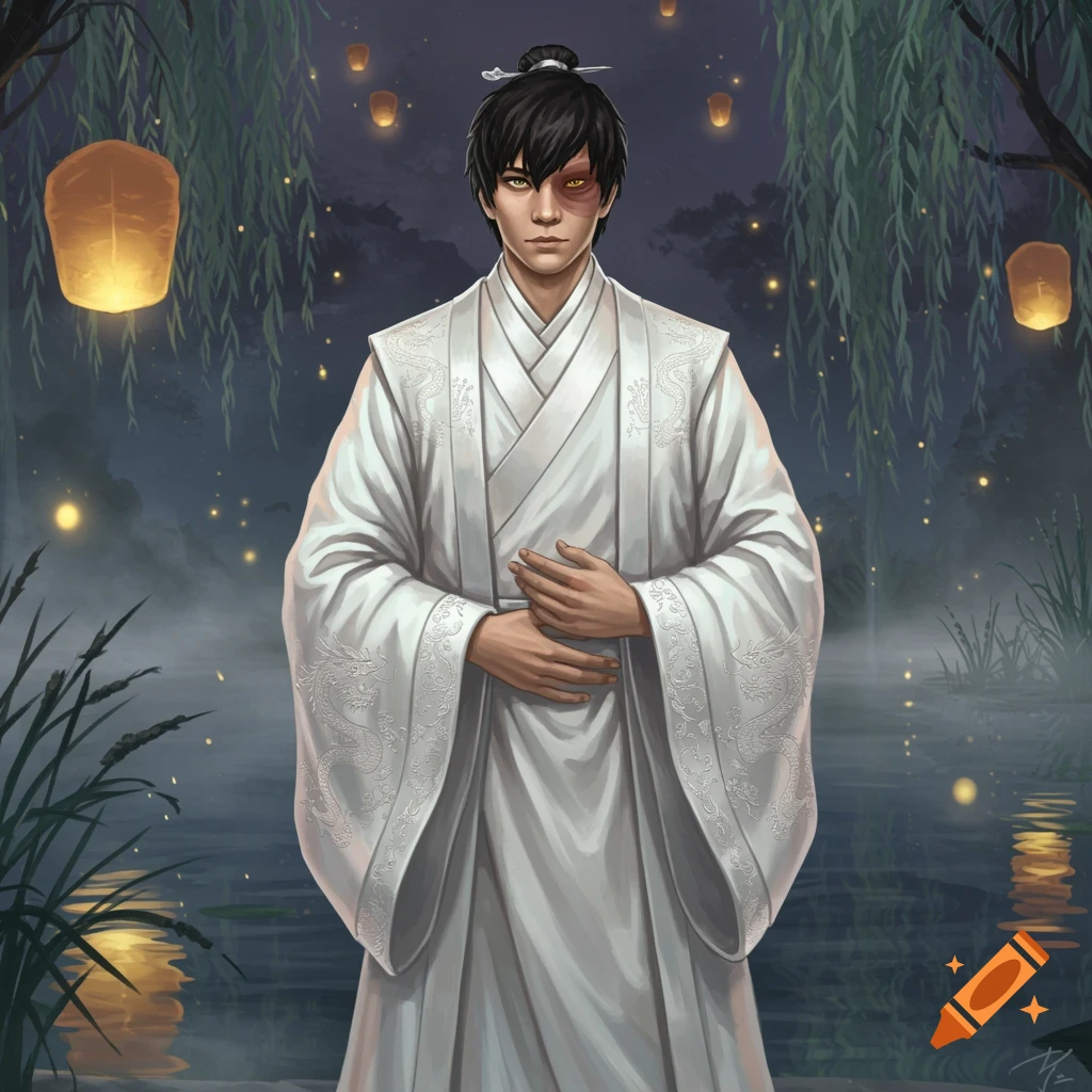 Prince Zuko in a white robe with dragon patterns, standing by a misty pond with glowing lanterns and willow trees at night.