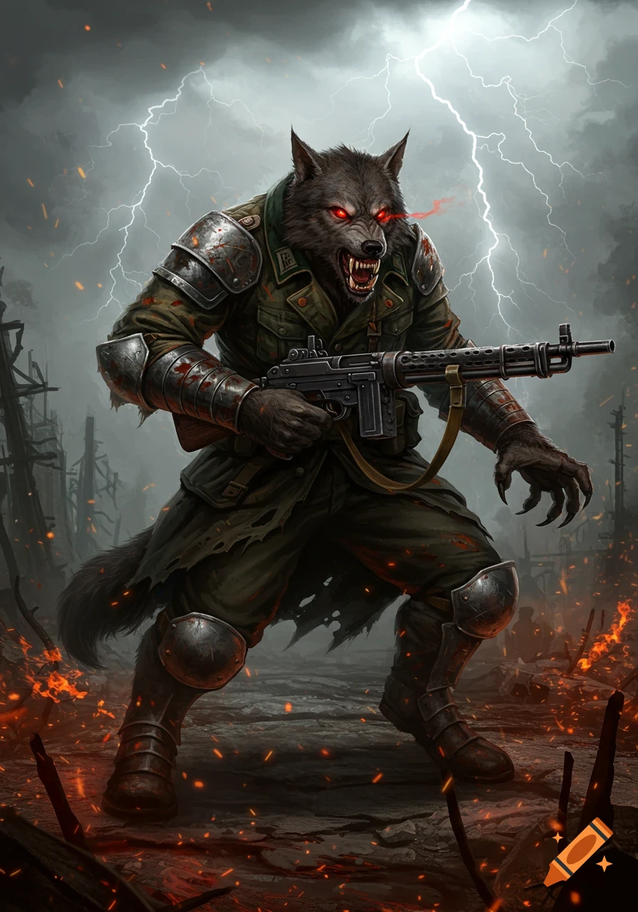 A fierce werewolf in a torn World War II German uniform, with glowing red eyes, stands holding a machine gun in a dark, stormy, fire-lit dystopian landscape.
