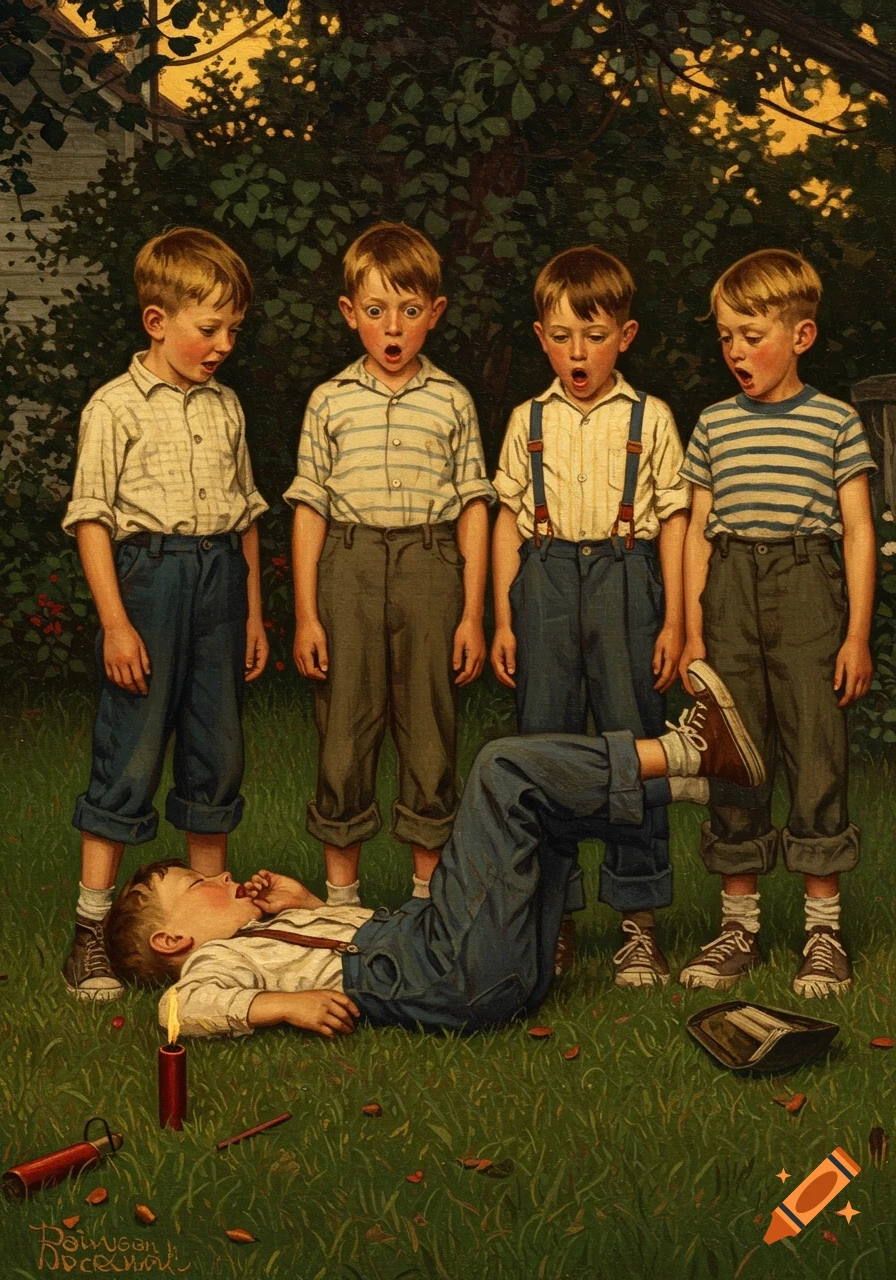 Four boys react with surprise as a fifth boy lies on the grass, lighting a firework, in a Norman Rockwell painting style.