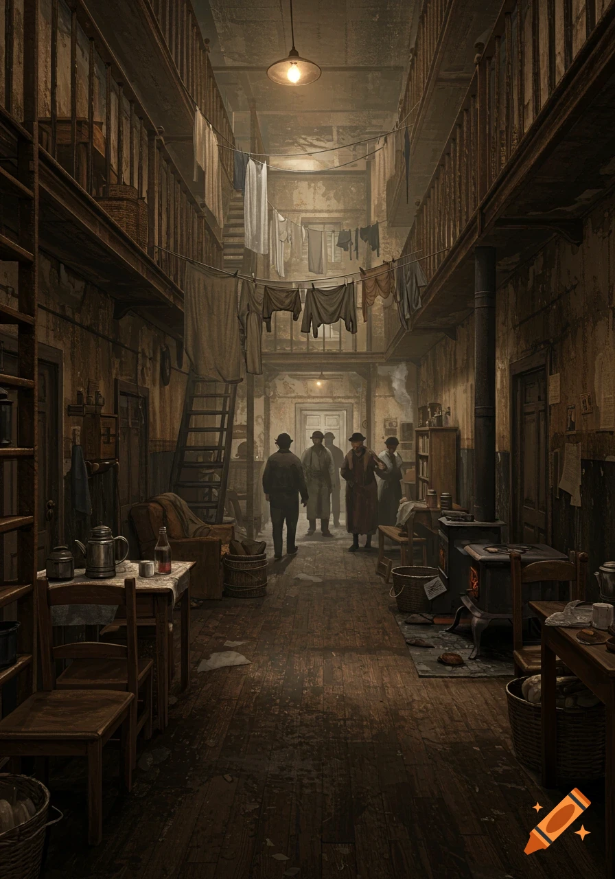 A dark, gritty illustration of a 1920s tenement building interior with residents and laundry hanging.