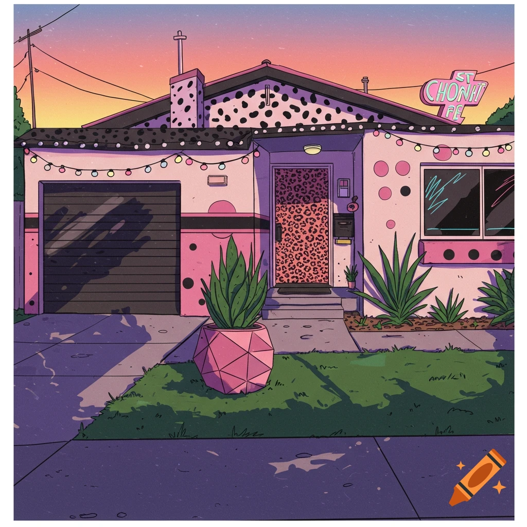 A vibrant, retro-styled illustration of a pink house with leopard print door and polka dot details, under a colorful sunset sky.