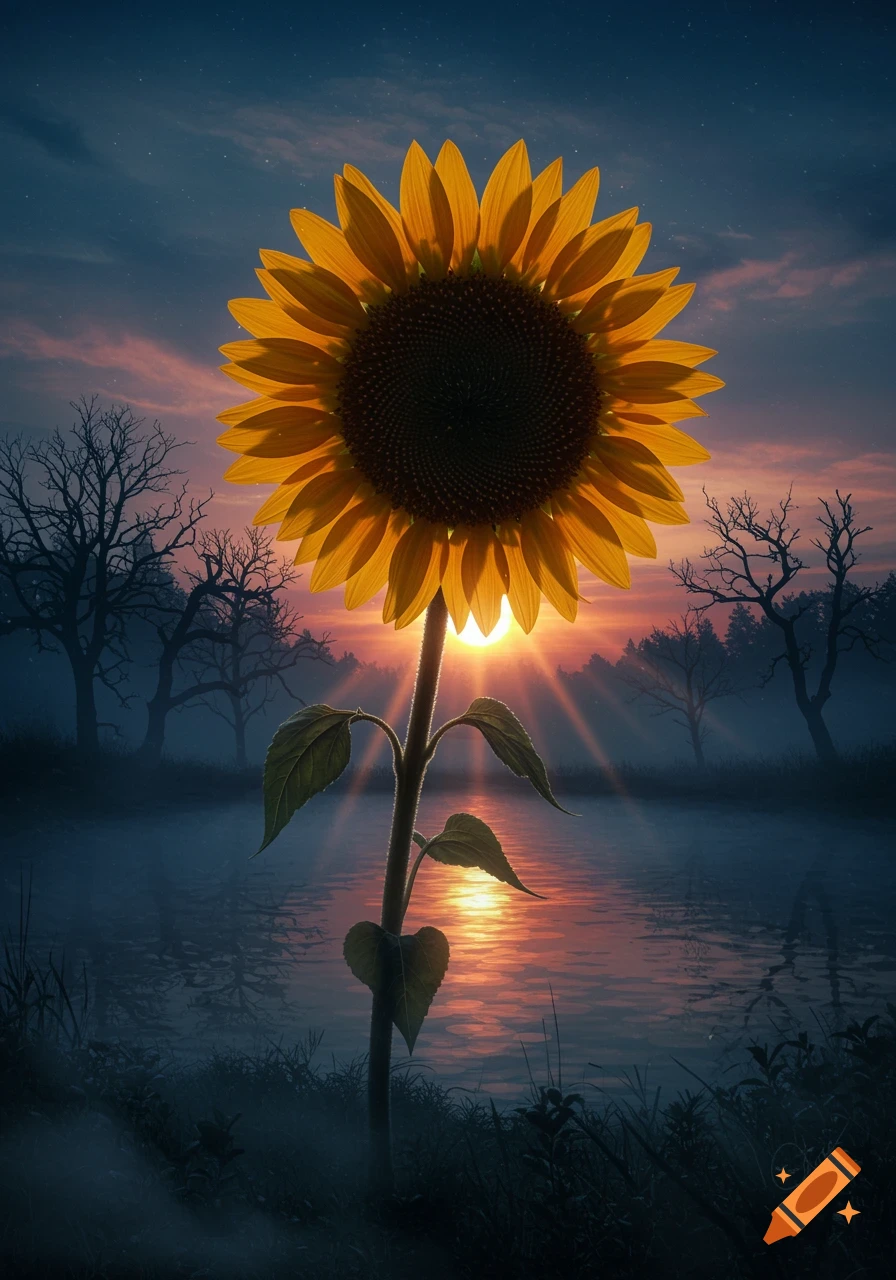 A dramatic sunflower silhouetted against a vibrant sunset over a misty lake with dark, bare trees, rays of light emanating from behind the flower.