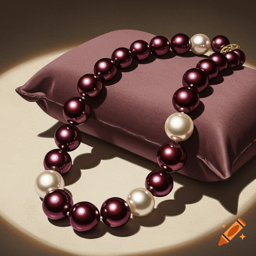 A necklace of alternating burgundy and white pearls rests on a plum-colored satin pillow, illuminated by a spotlight.