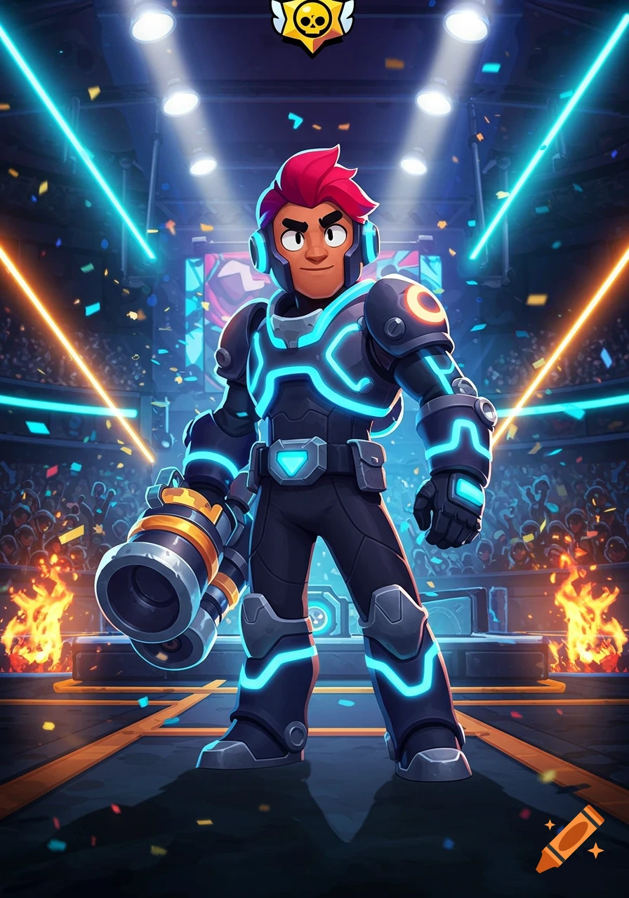 A cartoon character with red hair in a futuristic blue-glowing suit holding a large weapon stands in a stadium with cheering crowds and neon lights.