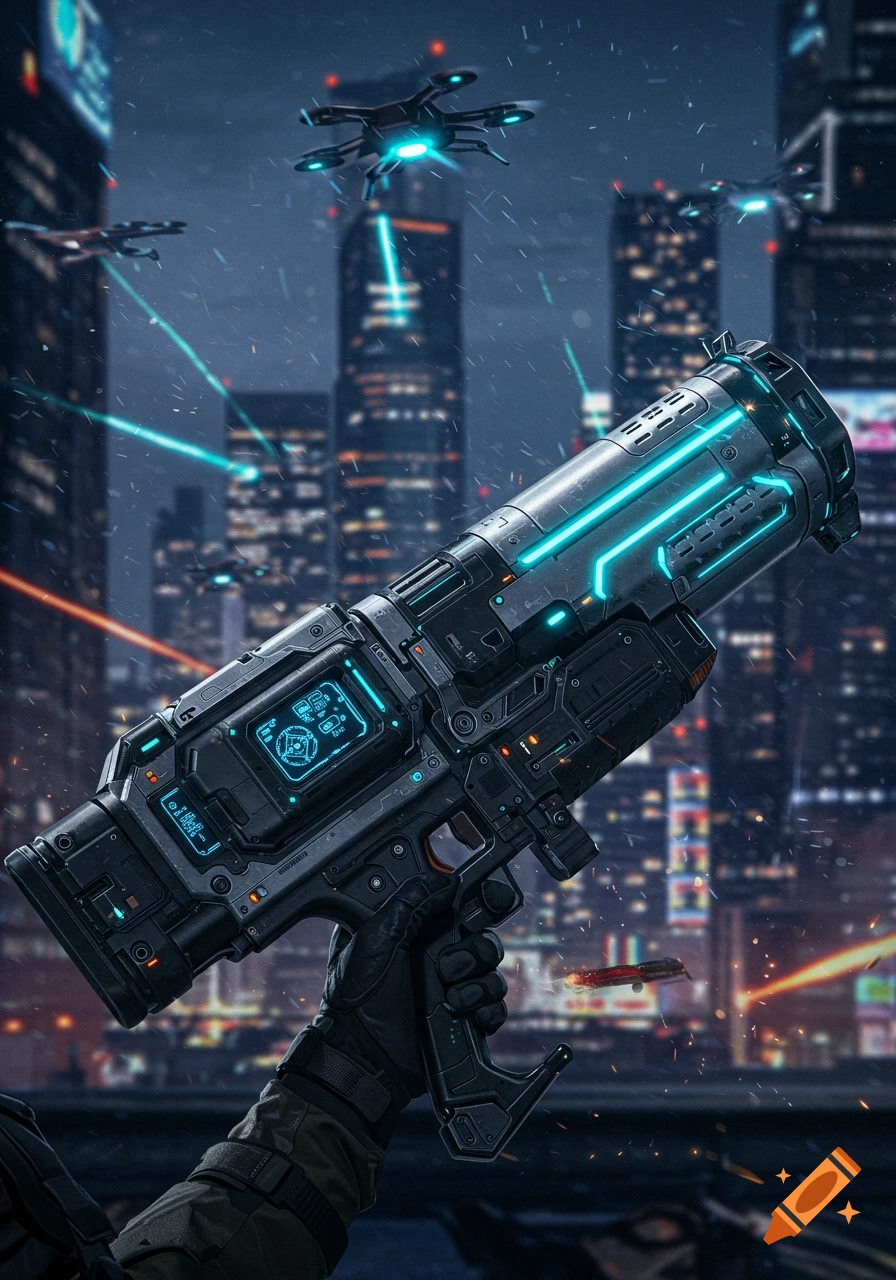 A person in a futuristic city holds a large glowing blue sci-fi weapon as drones fly overhead in a nighttime cityscape.