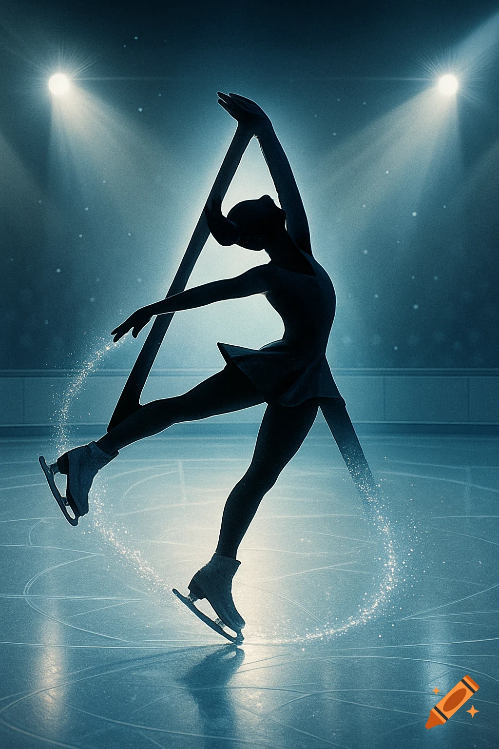 Silhouette of a figure skater on ice, forming the letter 'A' with their body under bright spotlights, with sparkling ice trails.