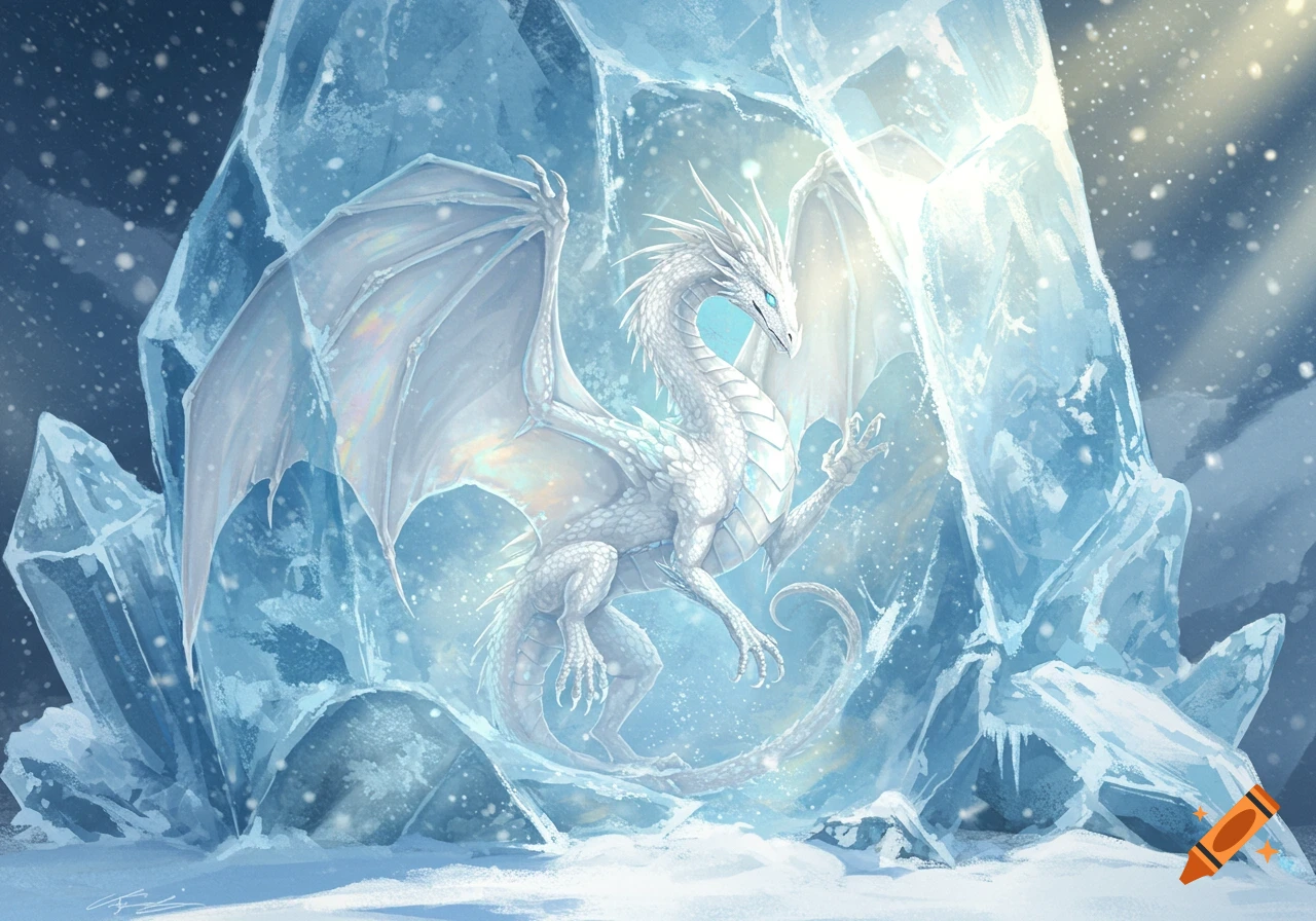 A white dragon with iridescent wings is encased in a large block of glistening ice, with snowflakes falling around it.