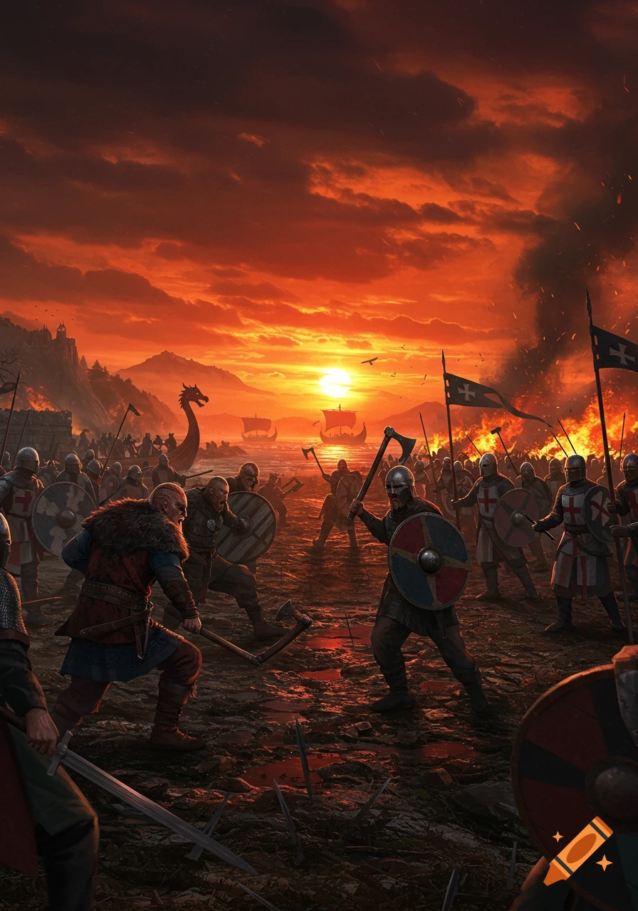 Dramatic fantasy illustration of Vikings and knights clashing on a battlefield at sunset, with longships in the background.
