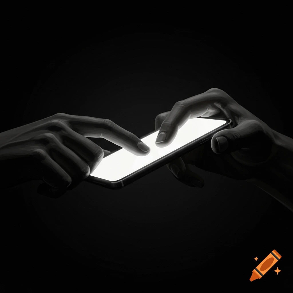 Two hands, rendered in grayscale, interact with a brightly lit smartphone screen against a dark background.