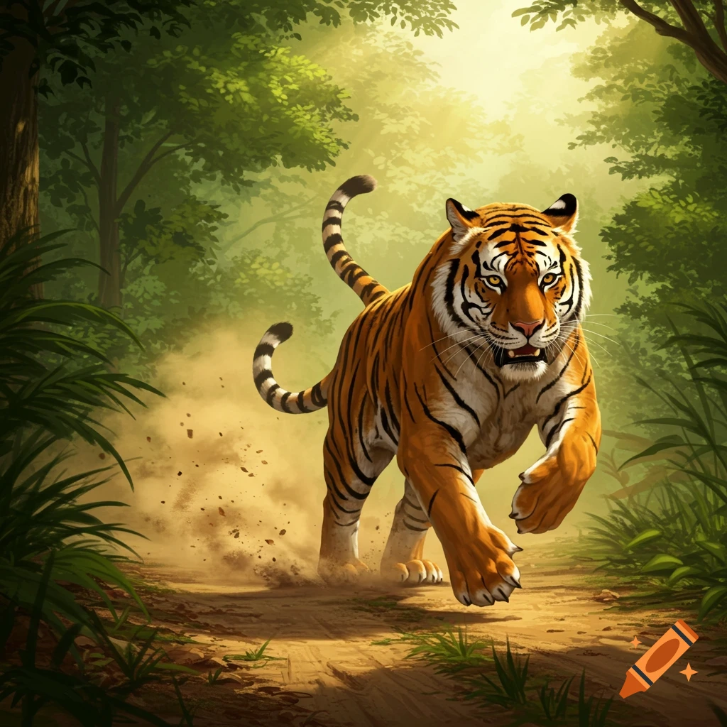 A powerful tiger runs on a dirt path through a sunlit jungle, kicking up dust in a digital painting style.