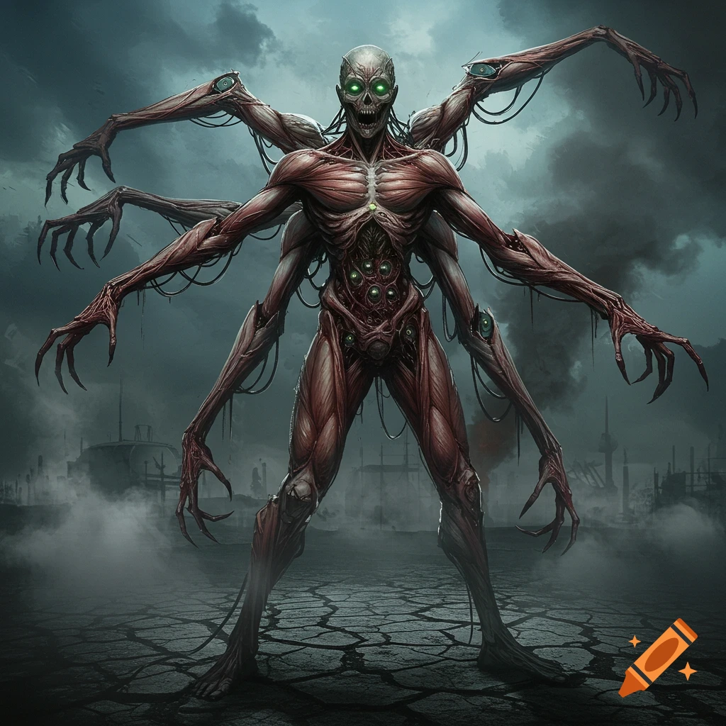 A grotesque, multi-limbed creature of exposed flesh and metal with glowing green eyes stands on cracked earth under a stormy sky.