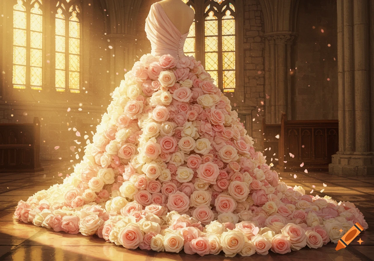 A voluminous wedding dress made of pink and cream roses stands in a sunlit church.