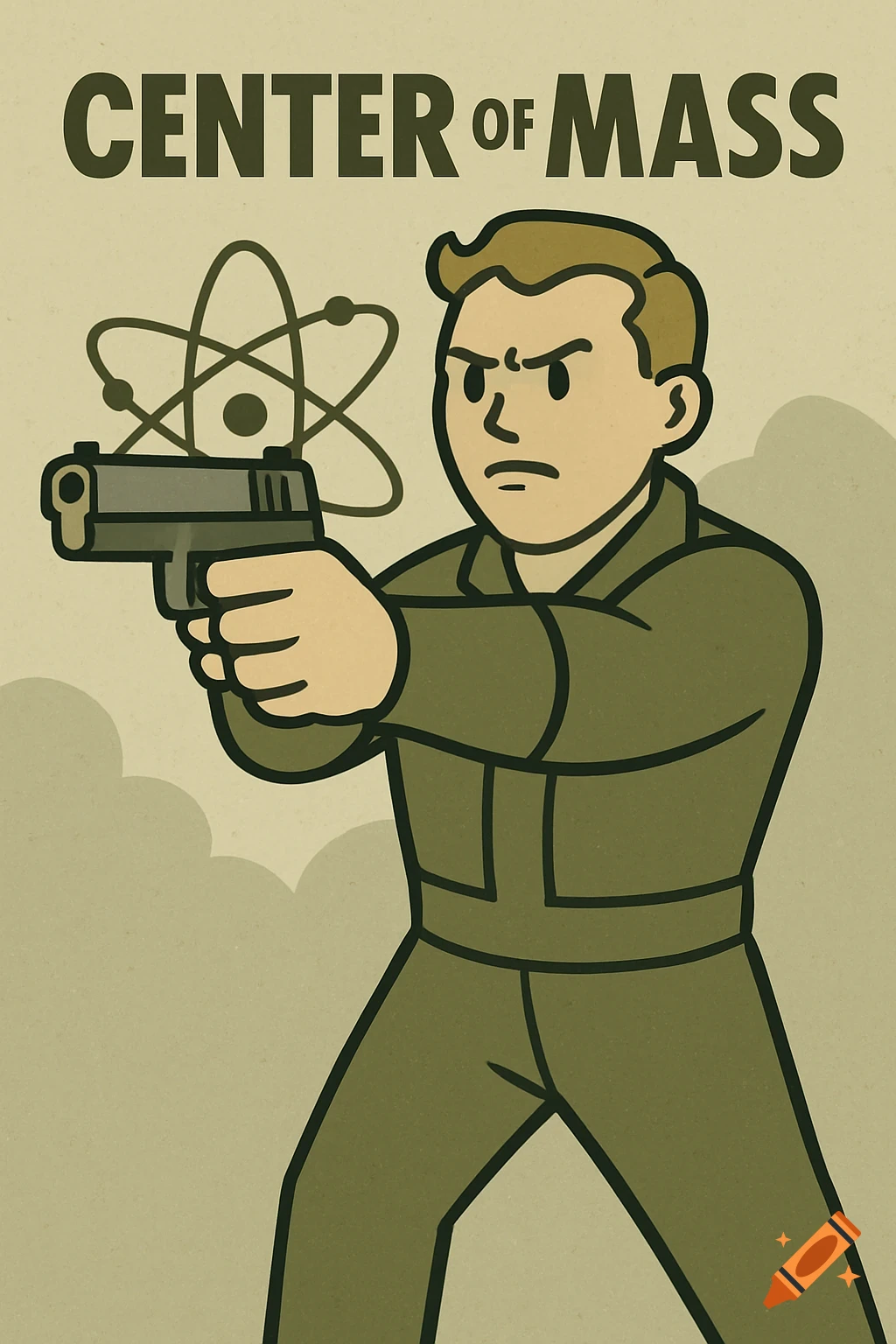 A retro-style poster of a man in green fatigues aiming a pistol, with an atom symbol and 'CENTER OF MASS' text above.