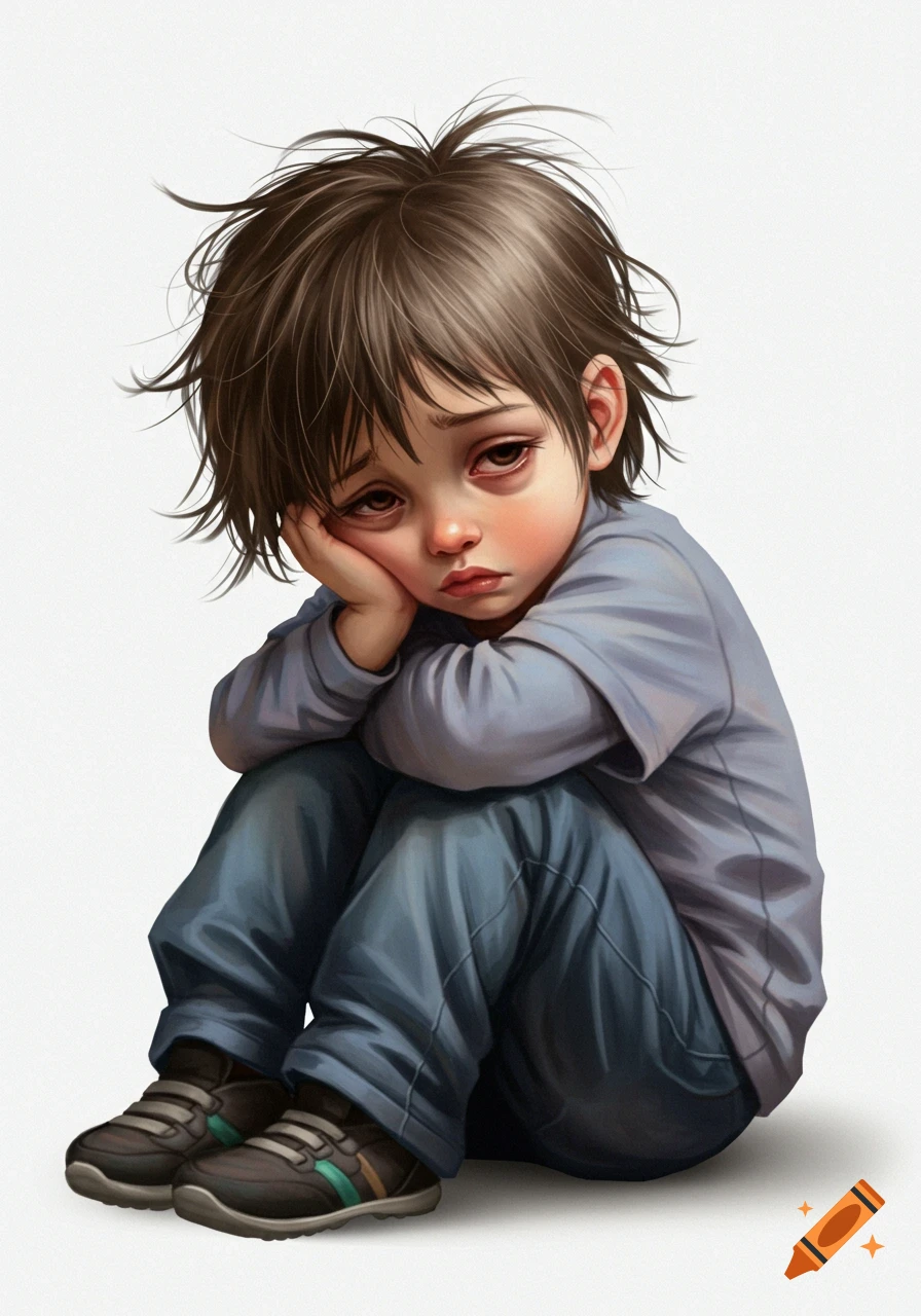A stylized illustration of a young, tired child sitting with their head in their hand, looking sad, on a white background.
