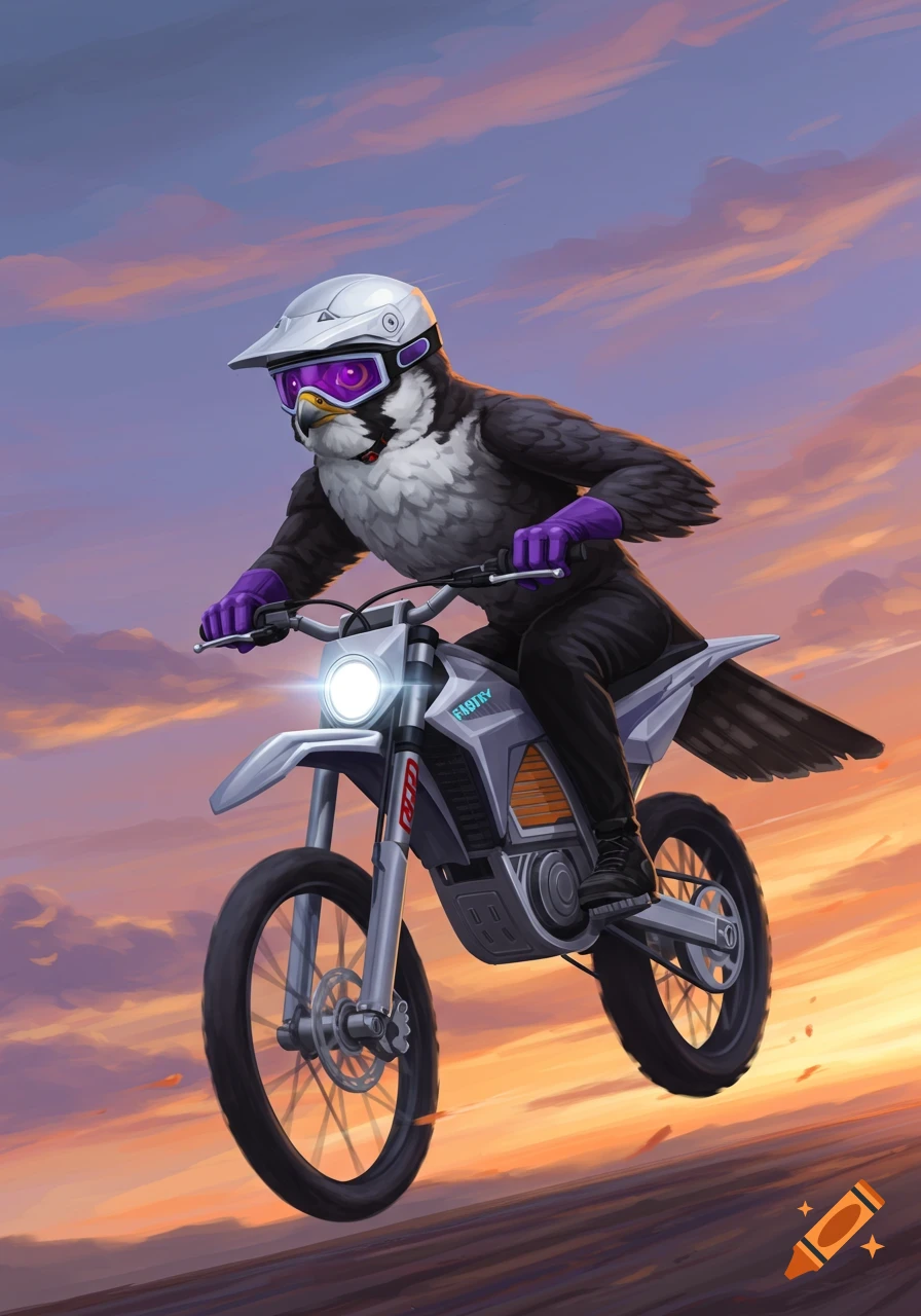 A falcon in a white helmet with purple goggles and gloves rides an electric dirt bike against a sunset sky, digital art.