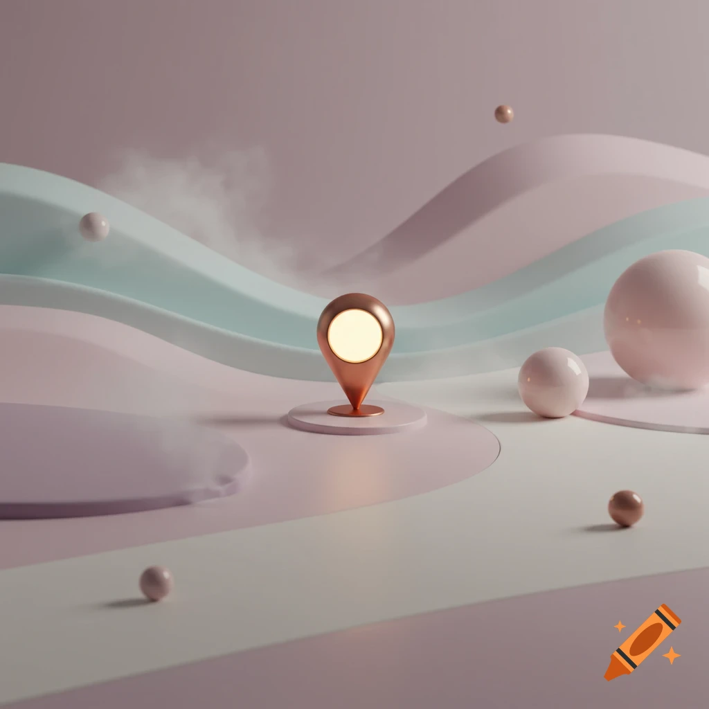 A 3D render of a copper location pin with glowing center on pastel undulating landscape with spheres.