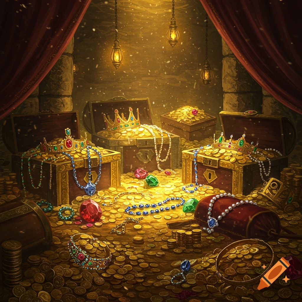 A shimmering treasure hoard in a dimly lit cavern, with open chests overflowing with gold coins, crowns, and sparkling jewels.